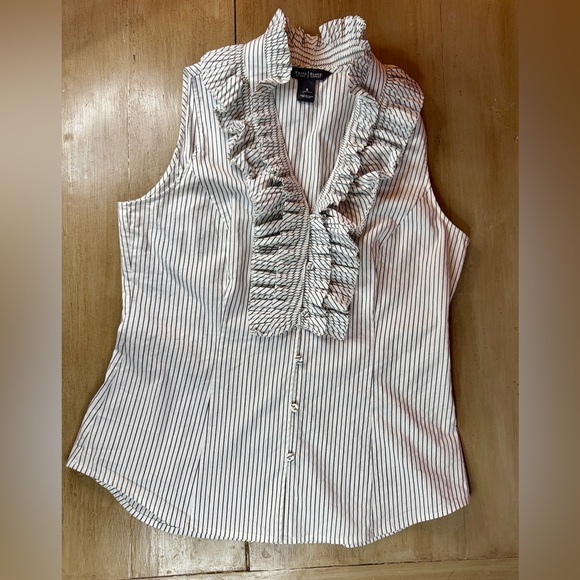 WHBM Pinstripe Ruffle Neck Sleeveless Top Button Up Stripe White Charcoal Silver - Picture 2 of 6